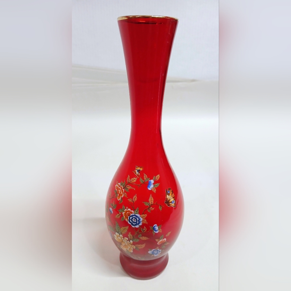 Elegant Red Glass Hand Painted Floral Vase